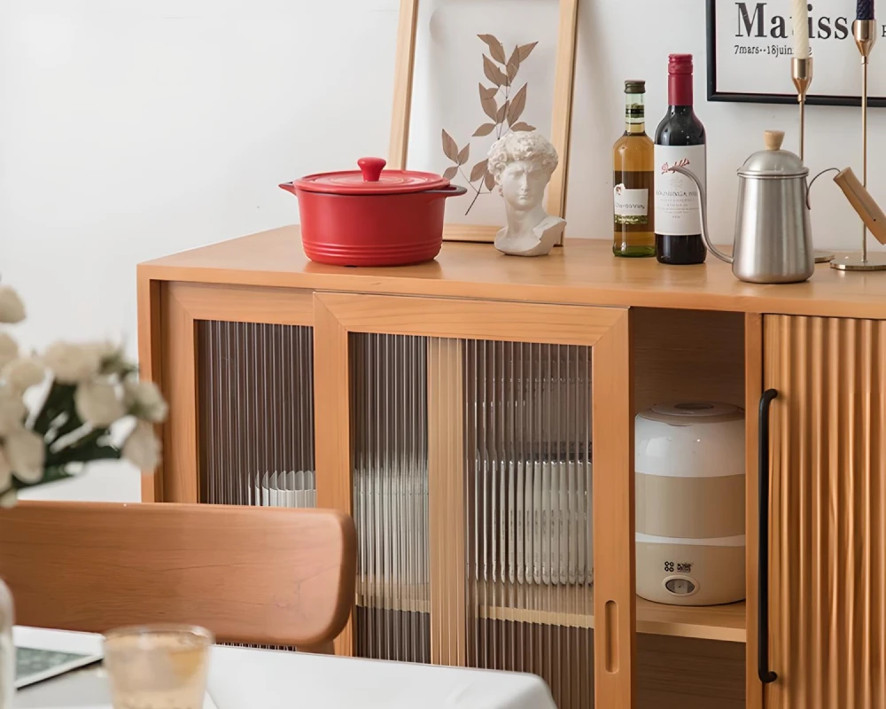 wooden sideboard with glass doors